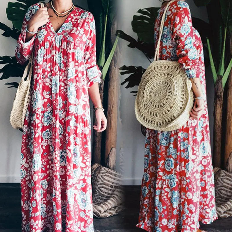 Женское платье в этническом стиле с v образным вырезом свободное повседневное