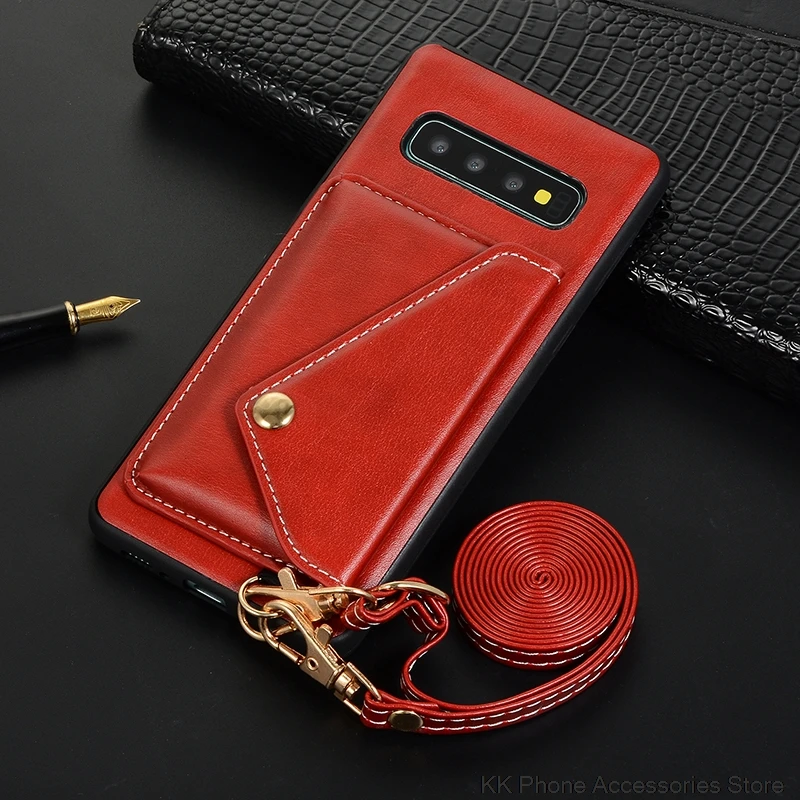 Ретро кожаный чехол с карманом для карт для samsung S9 S10 Plus S10e кошелек через плечо длинный ремешок задняя крышка для samsung Note 9 чехол для телефона