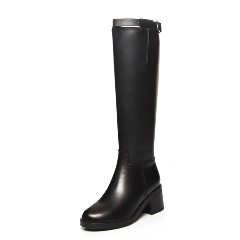 

FOREADA Real Leather Knee High Boots Zip High Heel Women Boots Thick Heel Long Boots Buckle Ladies Shoes Autumn Winter Black 42