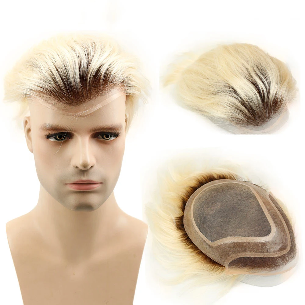 Eseewigs коричневый корни 60 платиновой блондинки из эффектом деграде(переход от темного к накладки из искусственных волос 4T60 прямо бразильский Реми человеческие волосы заменить Для мужчин t Системы для Для мужчин 10x8