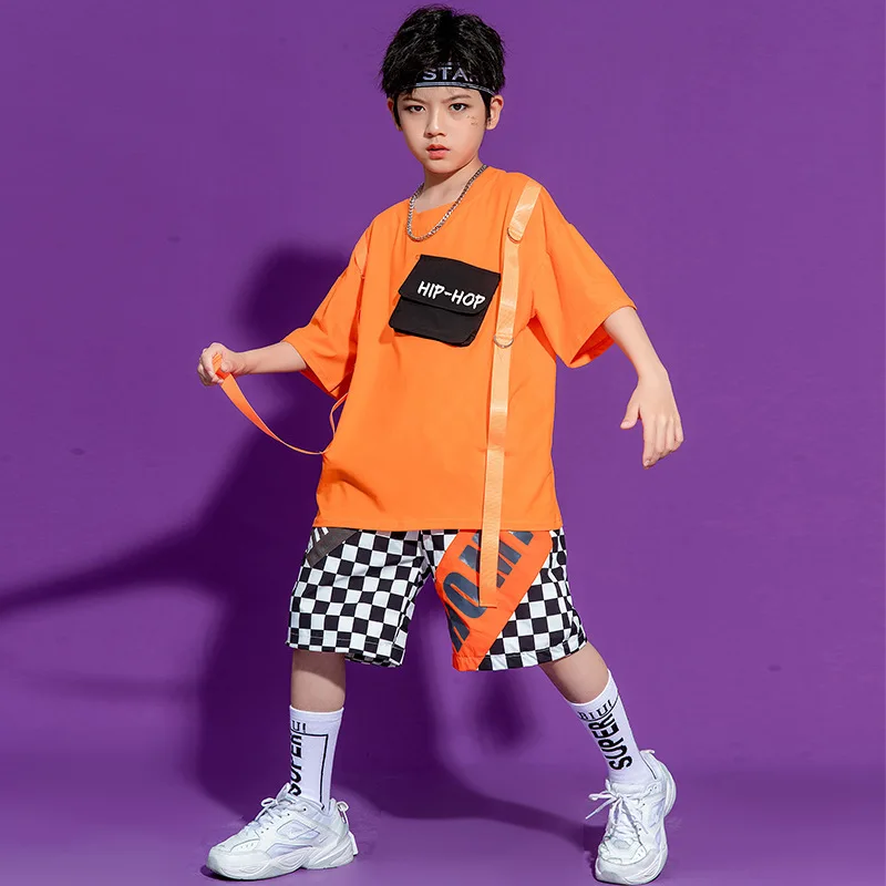 

Orange Girls Crop Top Plaid Skirt Boys Hip Hop T shirt Pant Set Stage Competition Clothes Kids Hiphop Jazz Street Dance Costume