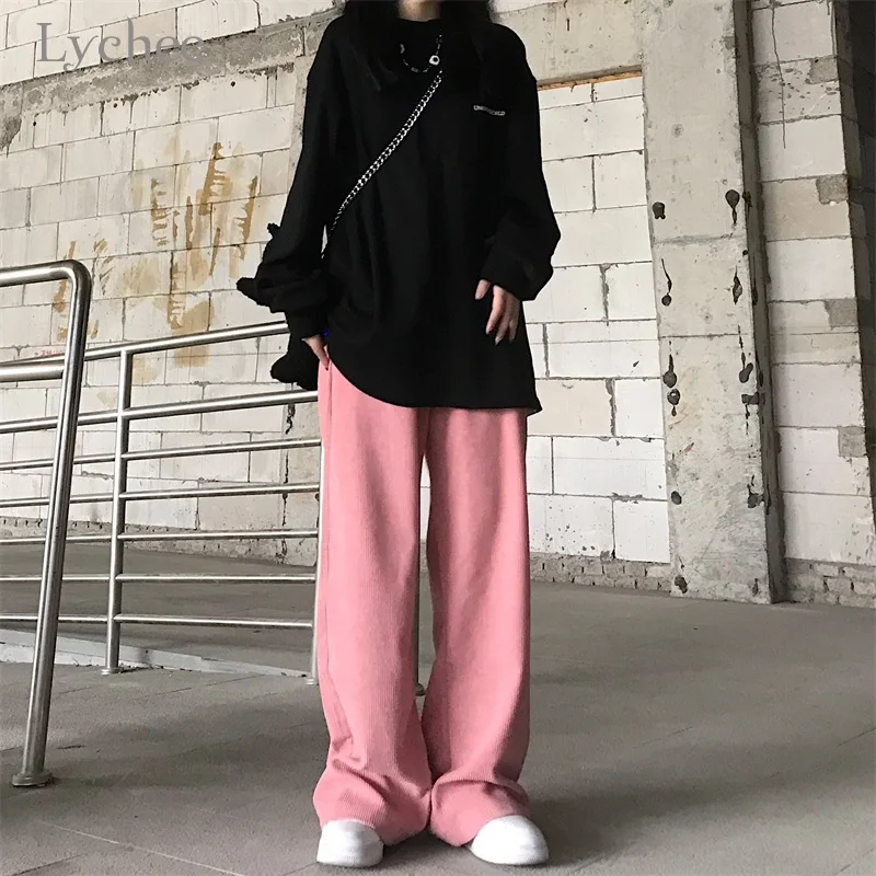 

Lychee Harajuku Pink Corduroy Pants Women High Waist Straight Pants Solid Color Casual Loose Autumn Trousers