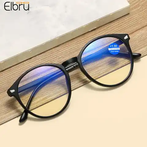 Elbru диоптрии + 1 + 1,5 + 2 + 2,5 + 3 + 3,5 + 4 женские и мужские круглые очки для чтения модные ульсветильник очки для дальнозоркости с защитой от сисвети...