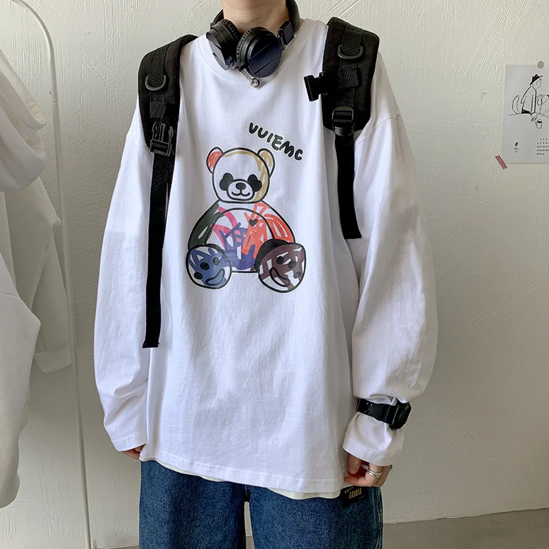 

QIWN Cartoon Print Long Sleeve T-shirt Men's Autumn New Loose T-shirt Mens T Shirts Cartoon Tshirts Retro T Shirt