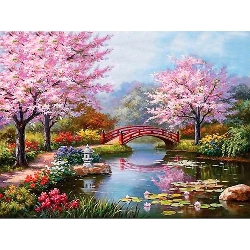 

5D алмазная живопись, пейзаж, живопись, вышивка, живопись, мозаика, маленький мост, струящаяся вода, круглая картина, фотоподарок
