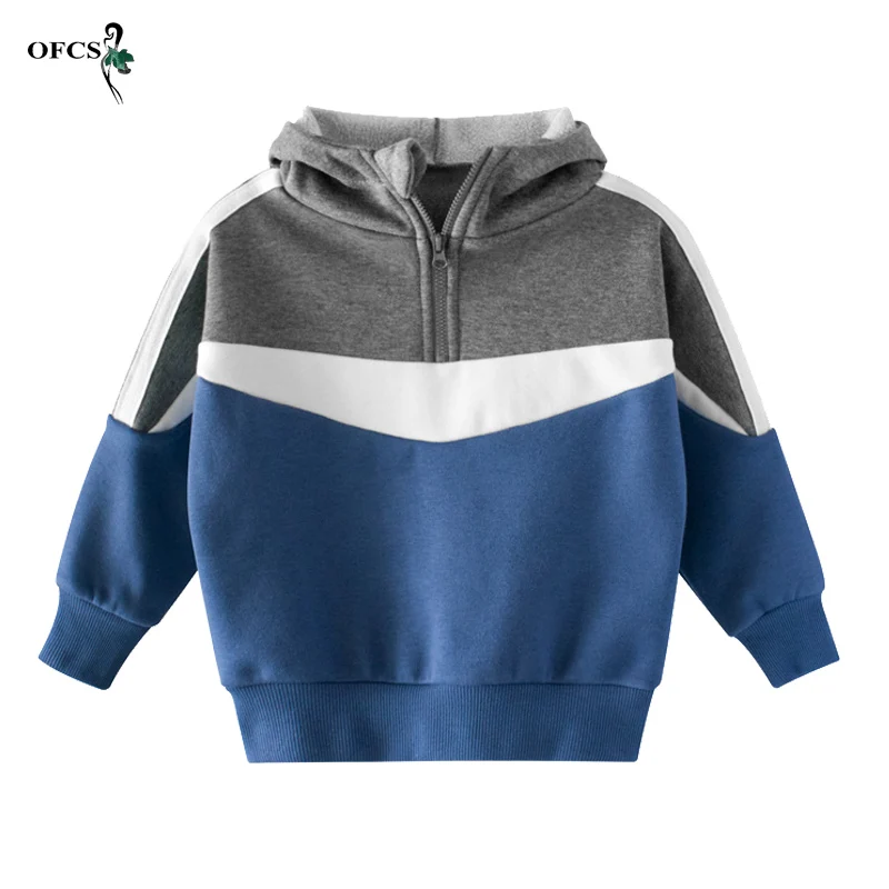 Толстовки с капюшоном, свитшоты для мальчиков и девочек, модные осенние вязаные пуловеры красного и синего цвета в стиле пэчворк, хлопковая ...