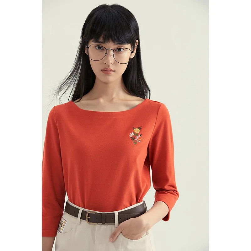 Женская футболка INMAN осенне-Весенняя простая с вышивкой в виде цветов и круглым