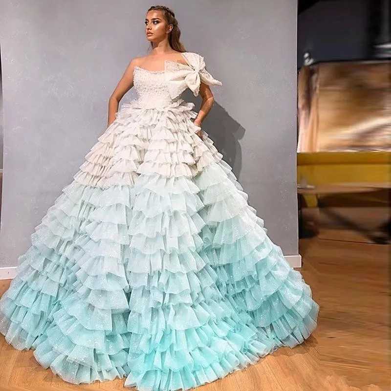 

Gradation Ball Gown Pageant Dresses Strapless Beaded Bow Tie Tulle Skirt Tiered Prom Dress Lace Up Back Graduation Dress