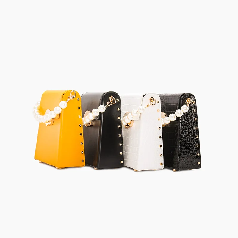 

Women Retro Snake Bone Chain Pearl Handle PU Handbag 2021 Retro Crocodile Pattern One Shoulder Diagonal Small Square Bag 196