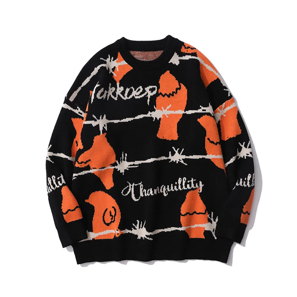 

Lazy Style Cartoon Jacquard Knitting Sweater Men Fashion Streetwear Loose Round Neck Long Sleeve Sweater Autumn Winter Pullover