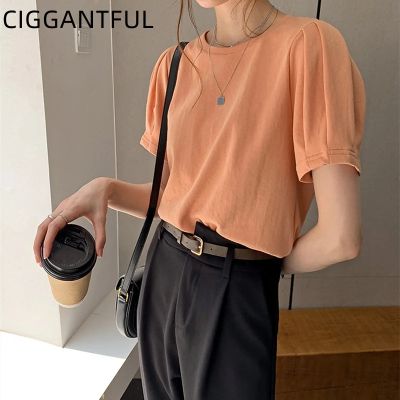 

Summer Women's Top Korean Loose Solid Color Large Size Round Neck Puff Sleeve T Shirt Short Sleeve Pullover Bottoming Tees