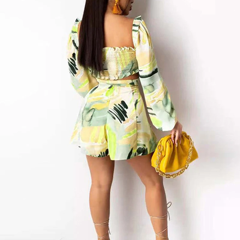 

Women Sweet Dress Two Piece Suits Long Sleeve V Neck Crop Top & Pleated Mini Skirt Set