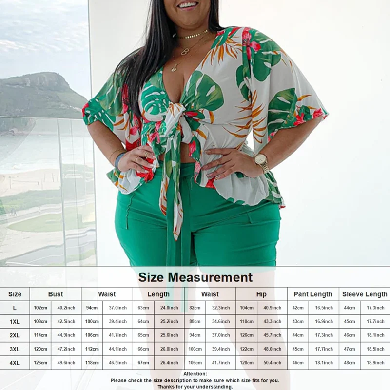 

Casual Women Bohemian Style Two Piece Sets Plus Size 2021 Spring V-neck Butterfly Sleeve Lace-Up Tops High Waist Pants Outfits