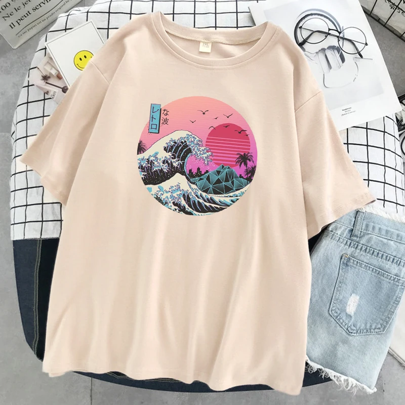 

Japanese Ukiyoe Style Wave Brand Print Tshirt Women Soft Oversize T-Shirts Cartoon O-Neck New Tops Pattern Casual Female T Shirt