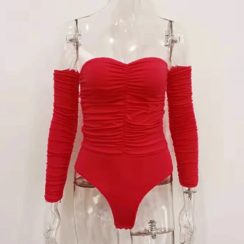 

XUXI Women, Sexy, Jumpsuits, One Word Collar, Long Sleeves, Pleated, Casual, Thin, High Waist, Base, Rompers, Summer 2021 E177