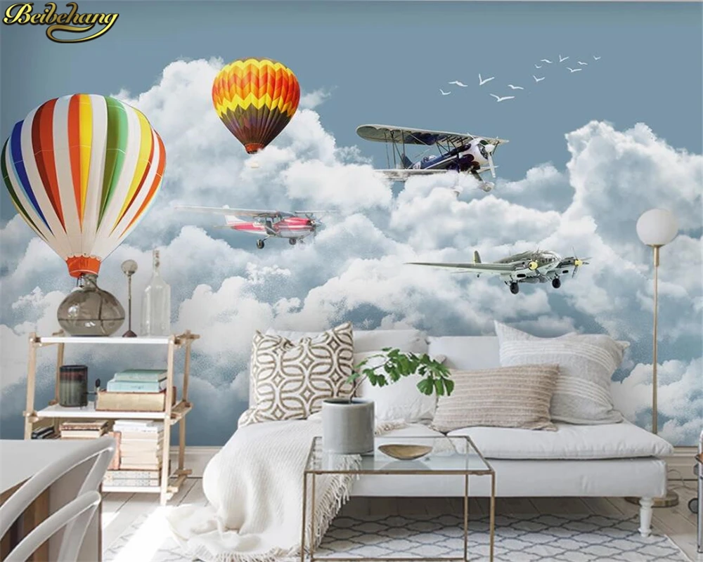 

beibehang Custom 3d wallpaper mural modern minimalist blue sky white cloud airplane balloon children room background wall paper