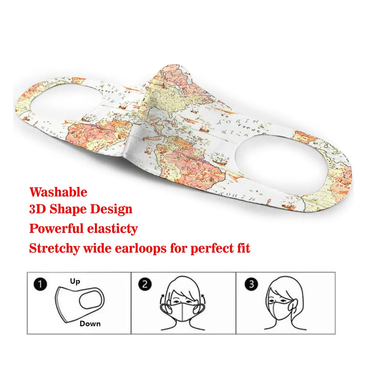 

Dust Mask Retro World Map Mural Mouth Face Cover Respirator for Adult Kid Washable Reusable Anti Pollution