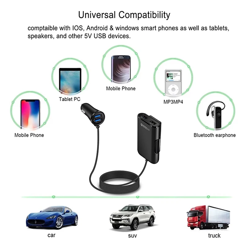Переднее и заднее автомобильное зарядное устройство QC3.0 наружного путешествия USB