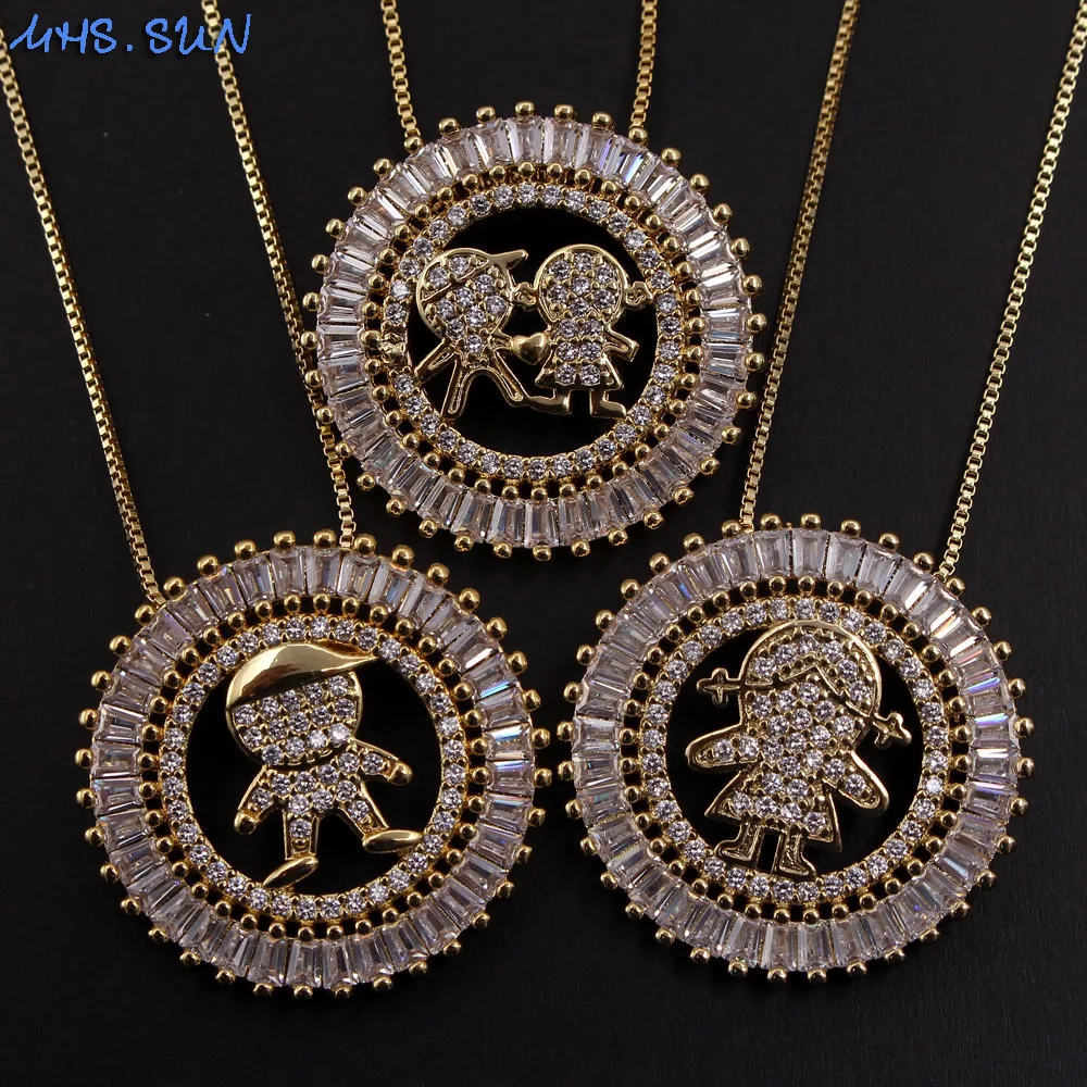 

MHS.SUN Luxury Cubic Zircon Boy Girl Pendant Necklace Gold Color CZ Crystal Chain Choker For Women Family Jewelry Gift