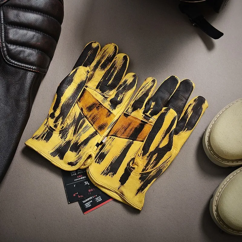 Motorcycle Biker Men Winter Sheepskin Genuine Leather Gloves Warm Full Driving Guantes Mujer Retro Yellow Riding Mittens | Аксессуары
