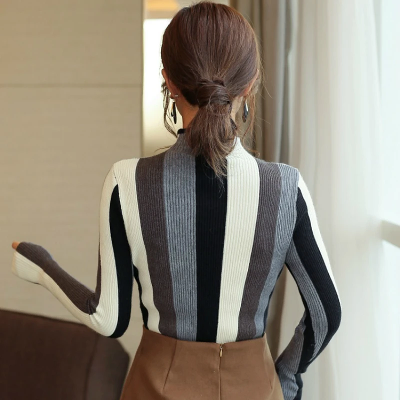 New Spring Knit Turtleneck Sweater Women Cloth Fashion 2020 Long Sleeve Pullovers Striped Knitted 1327 45 | Женская одежда