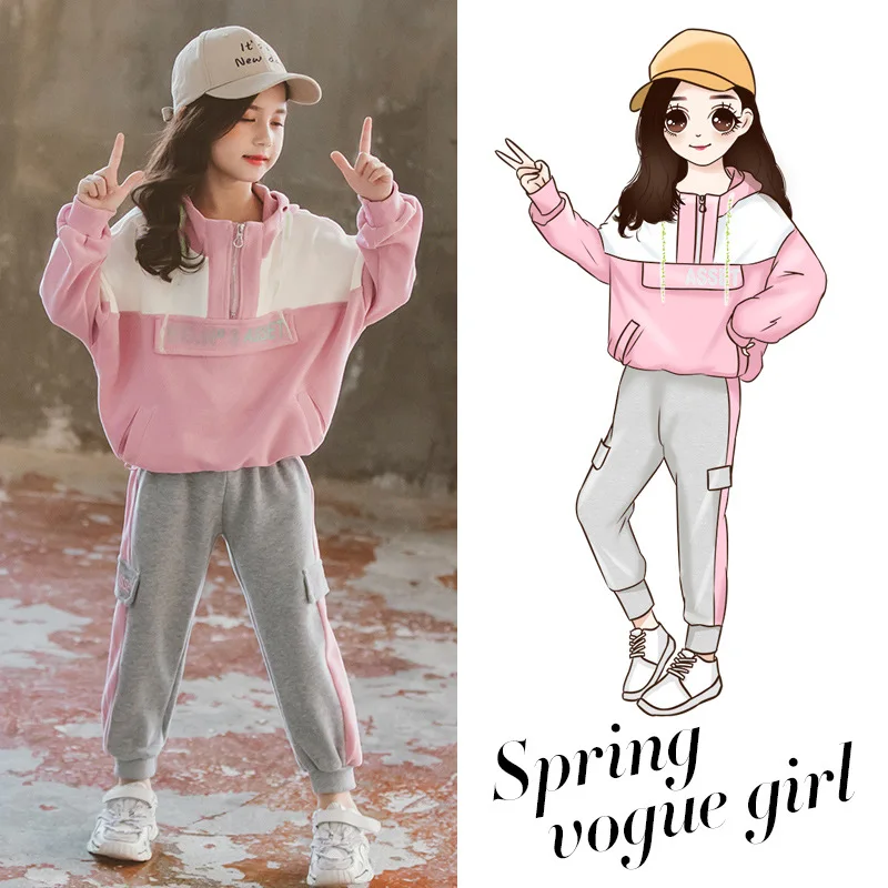 

Весенне-осенний хлопковый Повседневный Спортивный костюм для девочек-подростков, наряды, верхняя одежда с длинным рукавом + штаны, комплект...