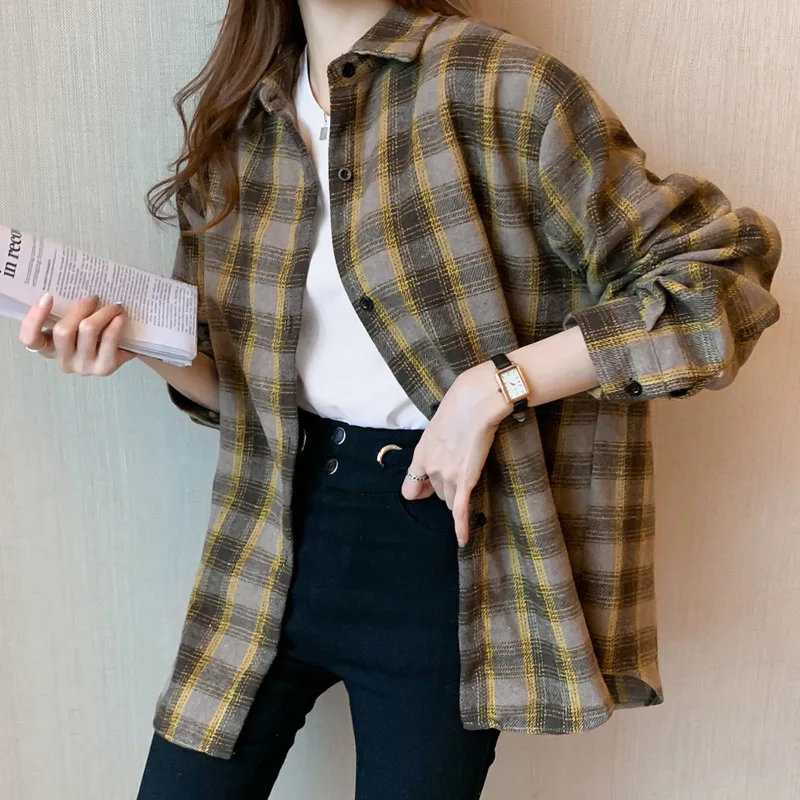 

Женская винтажная рубашка в клетку, с отложным воротником и длинным рукавом