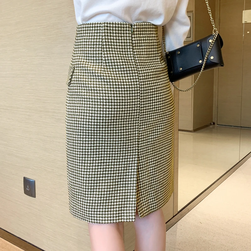 Woolen Double Breasted Skirt Winter Women Vintage Plaid High Waist Femininas Sheath Package hip houndstooth | Женская одежда
