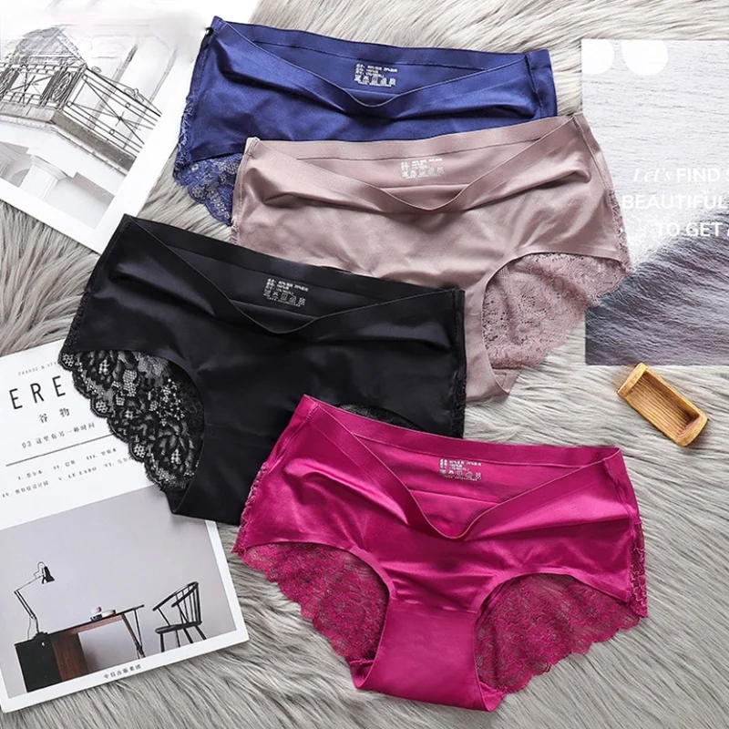 

OGRES 3PCS Women's Sexy Lace Panties Ice Silk Seamless Underwear Skin-Friendly Briefs Intimate Comfort Underpants