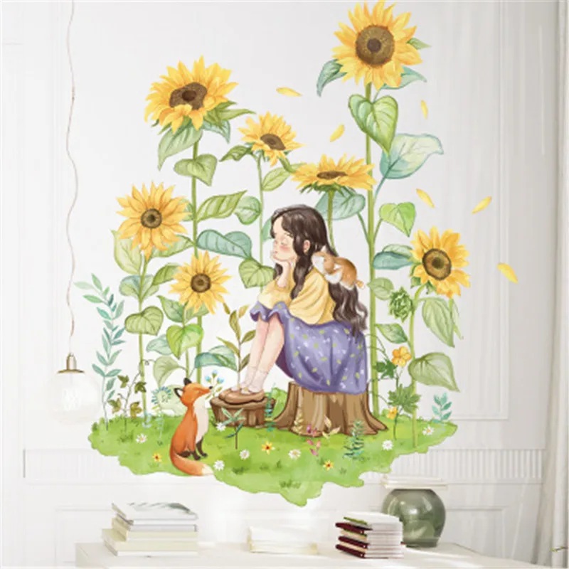 

Pastoral Style Girls Sunflower Wall Stickers Home Decor Living Room Nordic Green Plant Leaves Wall Decal Girls Bedroom Art Mural