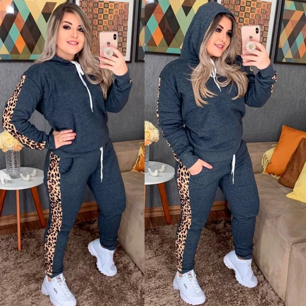 

Fitness Hoodie 2 Two Piece Set Women Leopard Long Sleeve Sweatshirts Sweatpants Sport Pants Suit Jogging Femme Tracksuit