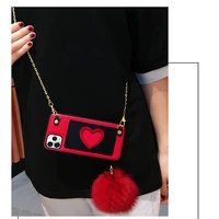 love heart card bag cute fur ball long chain crossbody leather case cover for iphone 12 mini 11 pro xs max xr x 8 7 6 6s plus se