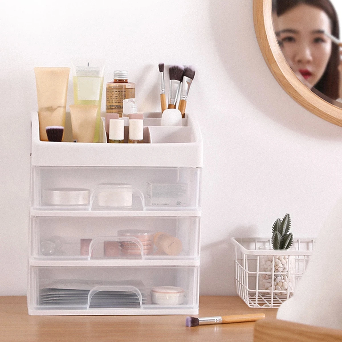 

Makeup Organizer Box Cosmetic Drawer Transparent Table Drawer Dresser Cosmetic Boxr
