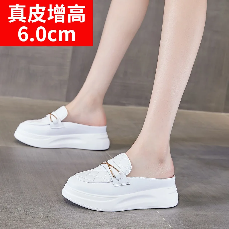 2022 Summer New Leather Thick-soled Increased Semi-slippers Women Lazy Pedal Sandals Women's Casual Loafers Shoes Woman