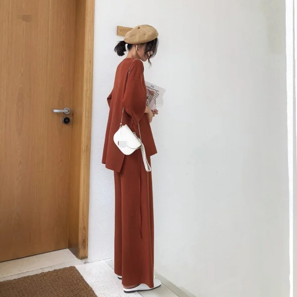 Вязаный свитер брючный костюм для Женский из двух предметов вязаный пуловер с v