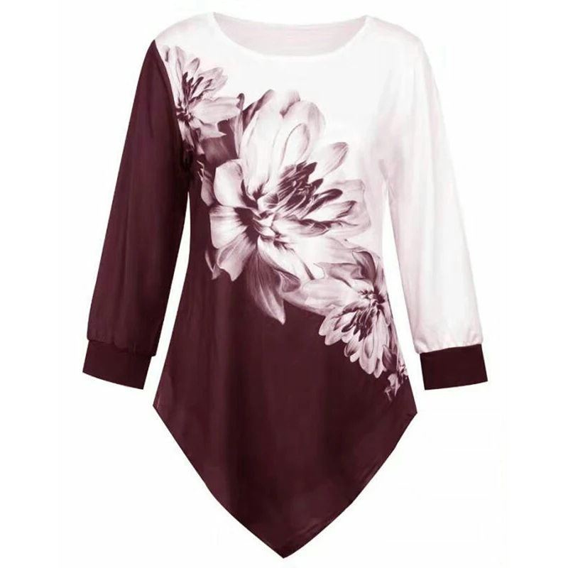

Floral Print Shirt For Women Spring Autumn Irregular Tops Three Quarter Sleeve Casual T-shirt Ladies Patchwork Asymmetric Shirts
