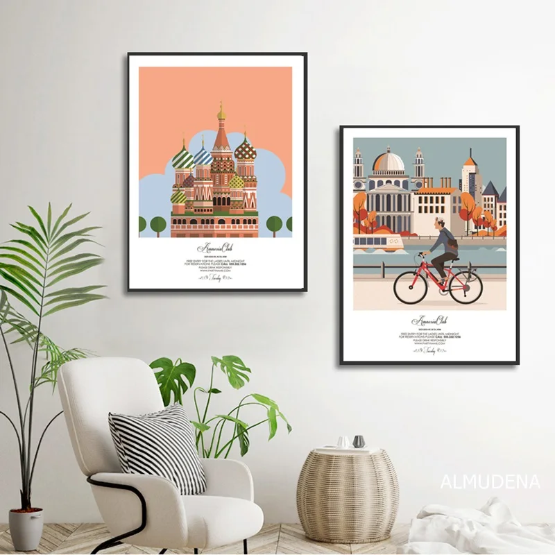 Простой мультяшный архитектурный пейзаж холст живопись скандинавский декор