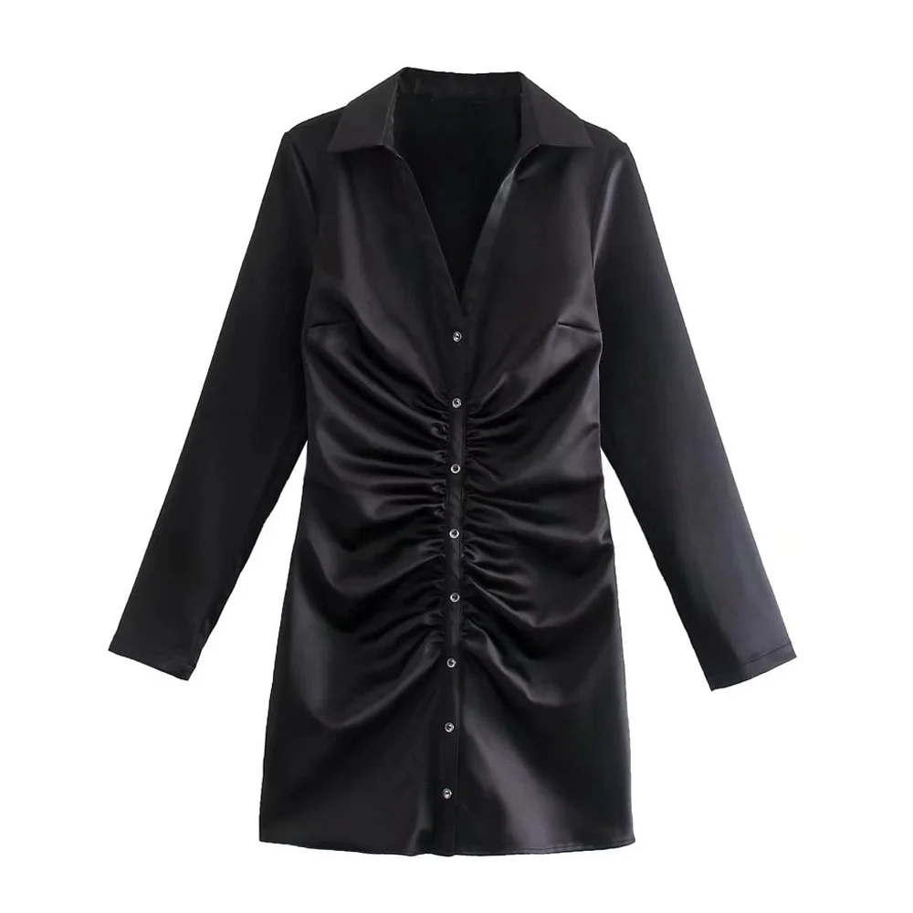 

Silk Shirt Dress Women V-Neck Long Sleeve Button Up Sexy Elegant 2021 Autumn Vintage Fashion Office Lady Mini Party Dress