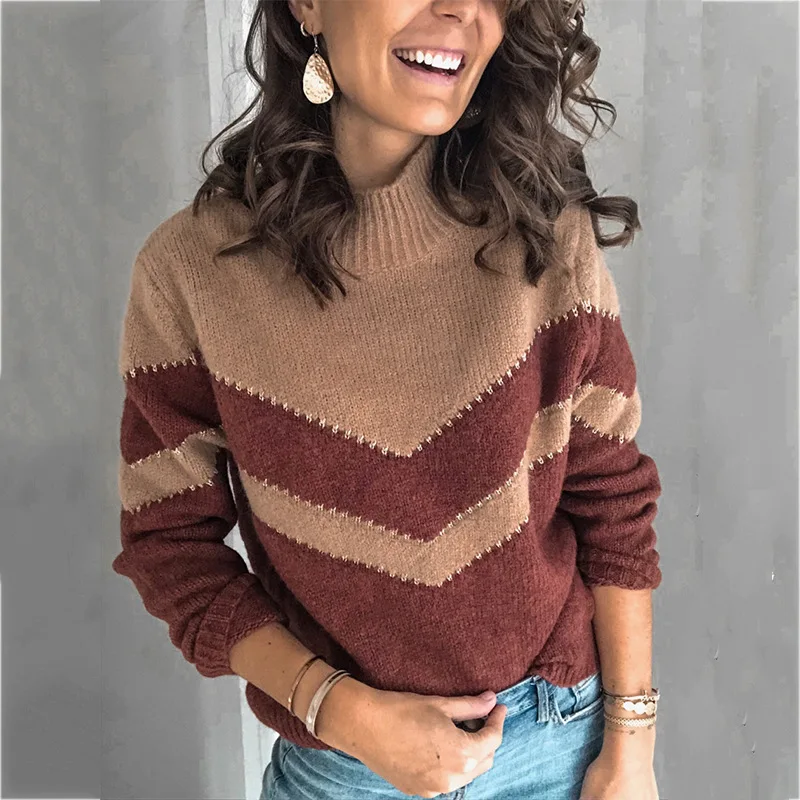 Женский свитер с V-образным вырезом вязаный джемпер в полоску зимний одежда