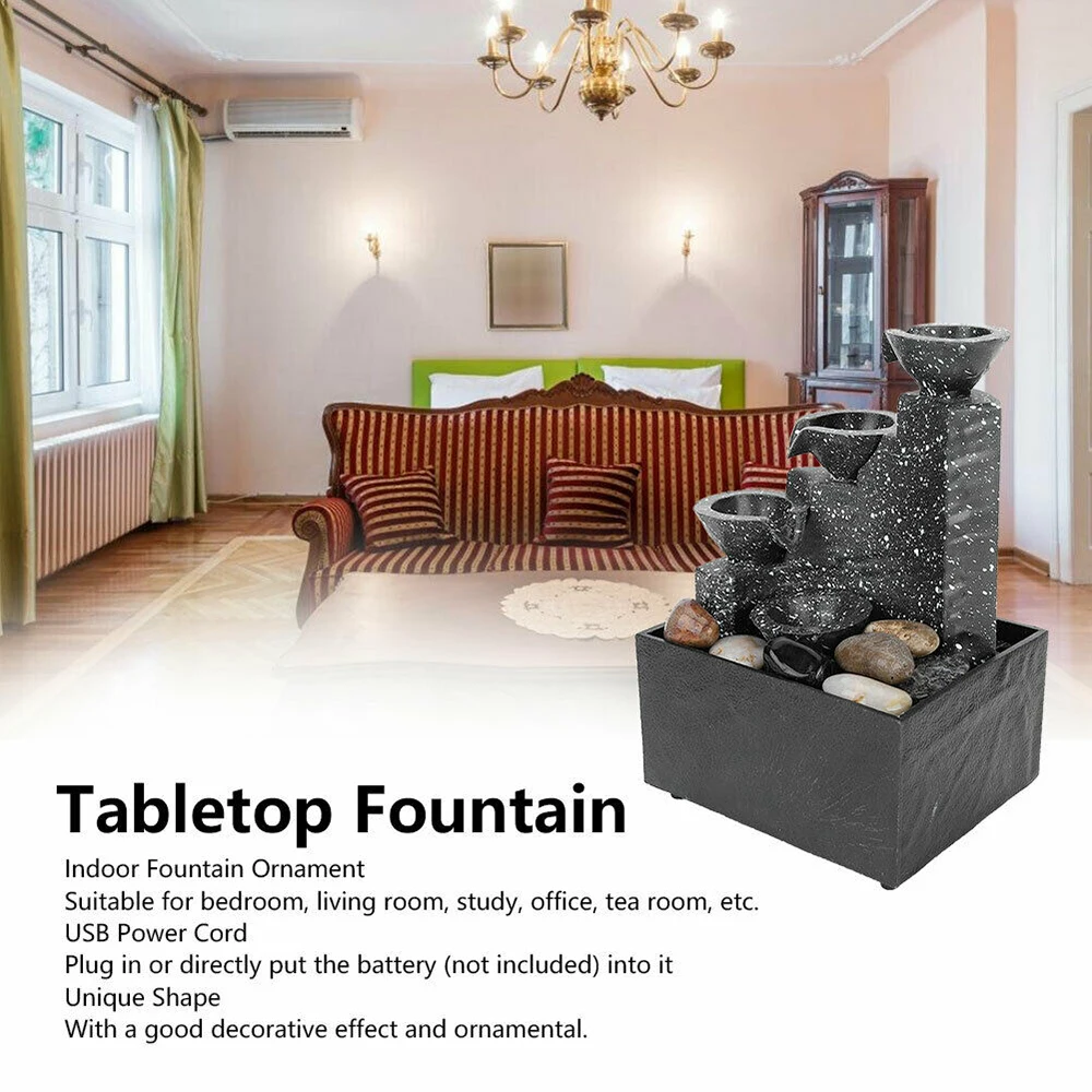 

Fountain Ornament Statues Crafts Water Fall W/ LED Lights USB Charge For Room Office Desktop Tabletop Home Decoration