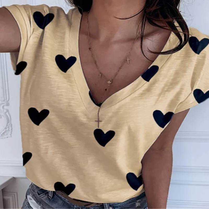 Женская футболка в форме сердца с V образным вырезом летняя женская коротким