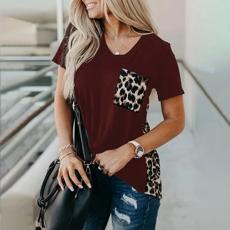 

Summer Relatation Loose Hot Selling Women's Top Leopard Print Contrast Pocket V-Neck Short Sleeve T-Shirt