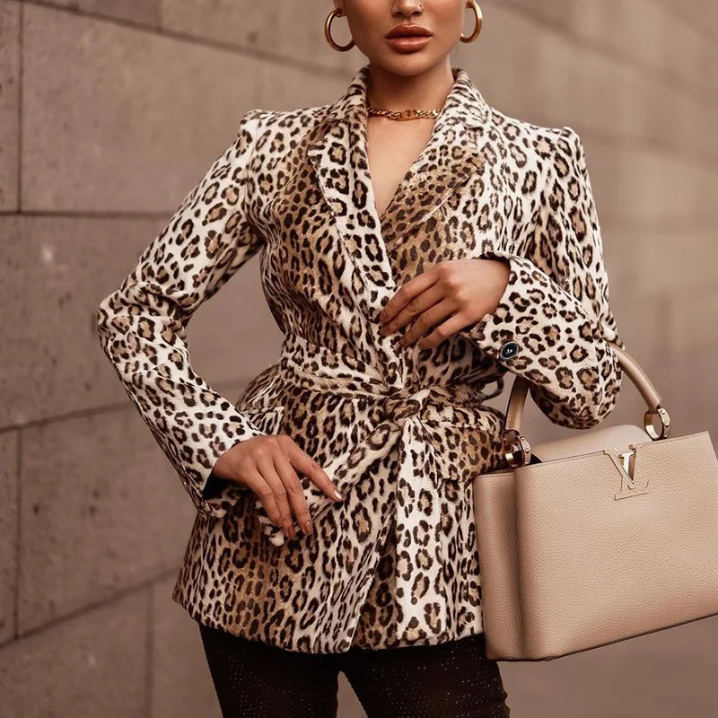 

2022 New Arrival Women Fashion Leopard Blazer with Belt Long Sleeve Turn-down Collar Slim Coat Female Chic Office Blazer Jacket