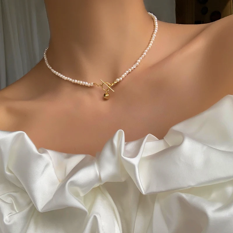 

Brass With Gold Natural Pearl OT Chains Necklace Women Jewelry Designer T Show Runway Sweety Boho Japan Korean Sample Trendy
