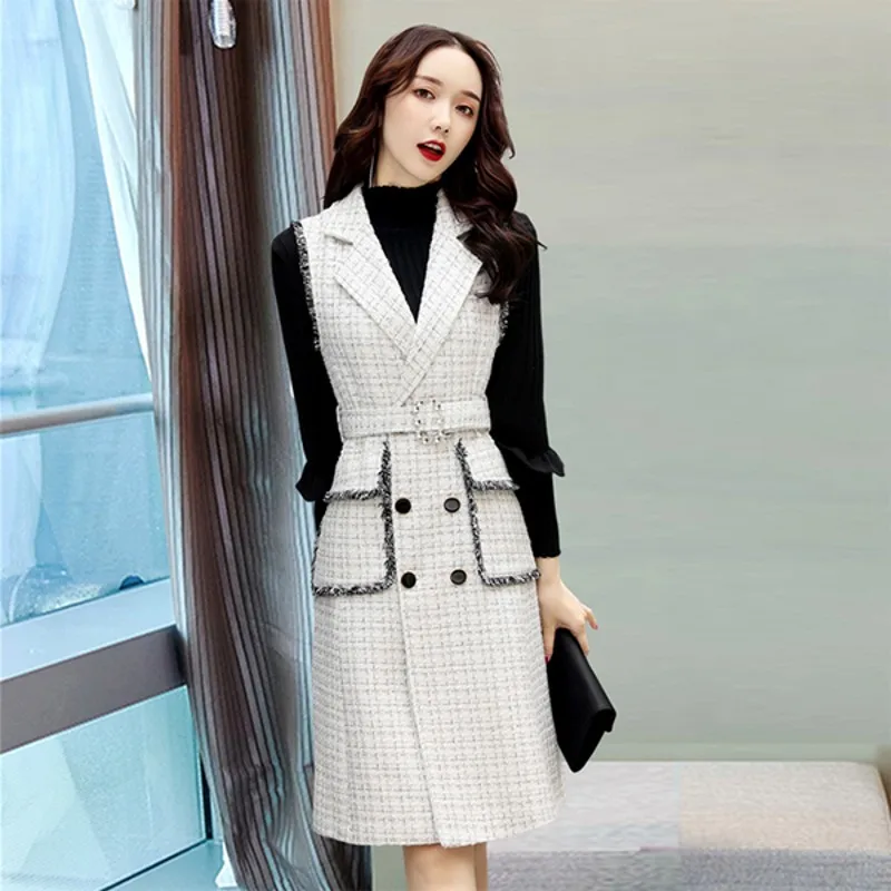 Женский твидовый комплект из 2 предметов черный свитер с высоким воротником и