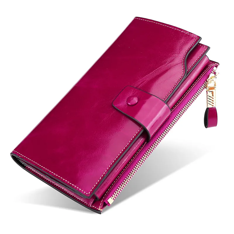 

Women Wallet Long Type Genuine Leather Purse Oil Wax Cowhide Cion Bag Cell Phone Pokect Female Clutch bag Vintage Money Clip