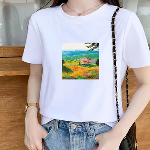2021 Women Clothing Kawaii Scenery Graphic Oversize T shirt Femme Short Sleeve Summer Fashion Retro O-Neck White Top Plus Size X