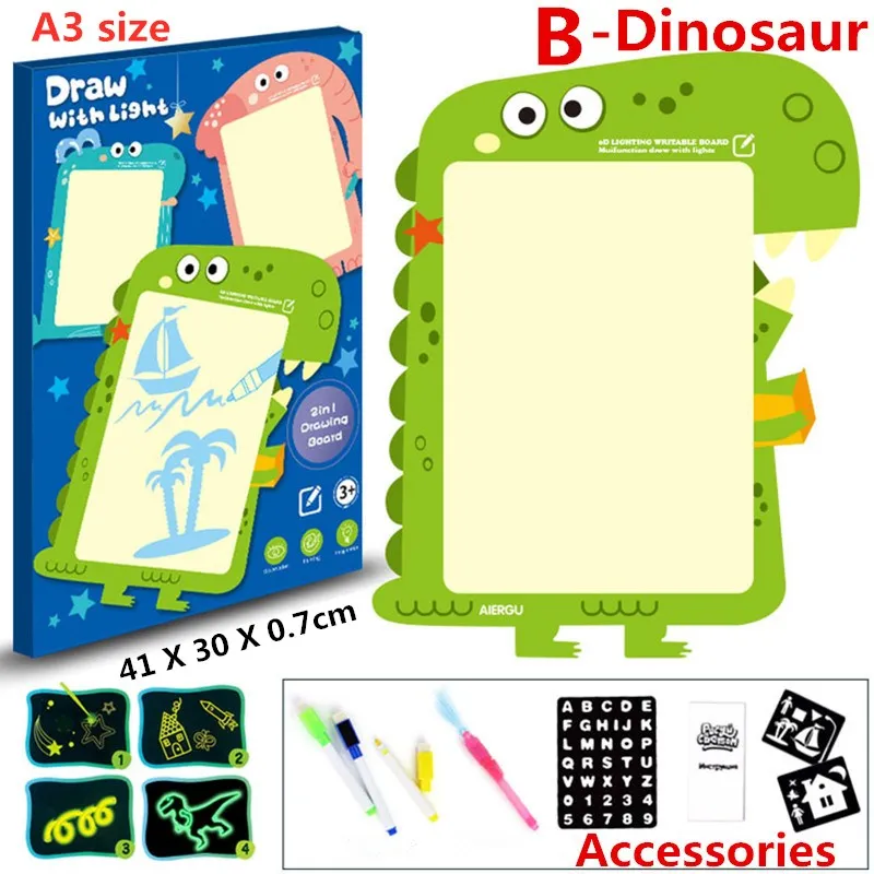 New B Dinosaur 1 шт. A4 A5 светодиодный светящийся чертежный щит для рисования граффити, планшет для рисования, волшебное рисование, светильник-забавная флуоресцентная ручка, обучающая игрушка - Color: New B Dinosaur