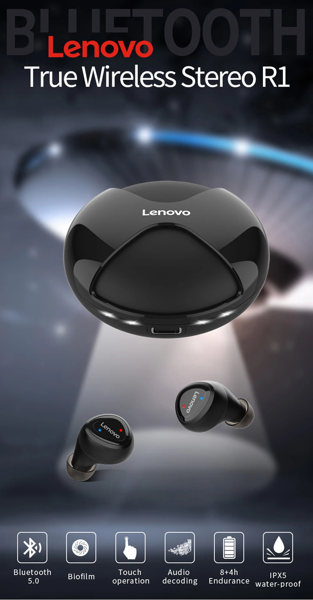 Lenovo R1 TWS беспроводные Bluetooth наушники IPX5 Водонепроницаемый дизайн Bluetooth 5,0 для XiaoMi huawei lenovo смартфон
