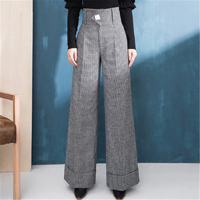 

Брюки женские шерстяные с завышенной талией, свободные клетчатые брюки с широкими штанинами, модные прямые офисные штаны с пуговицами, RM50310